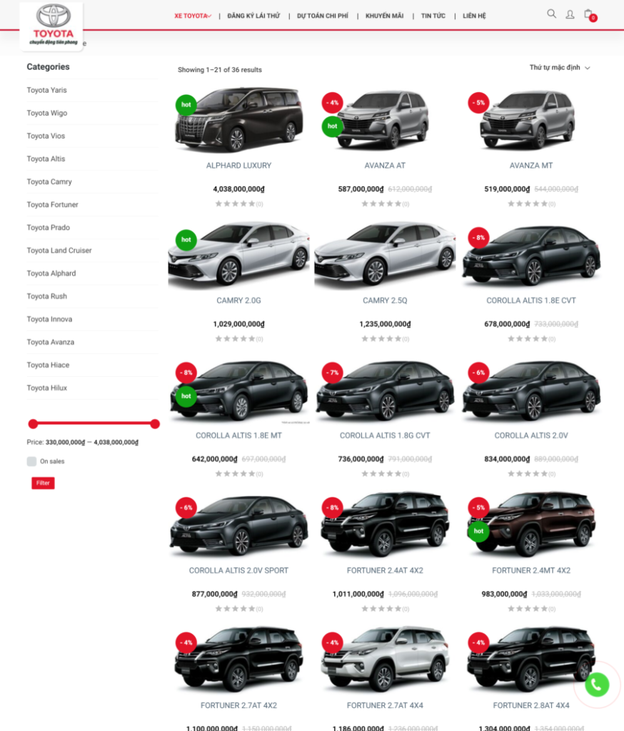 Trang sản phẩm của website bán ô tô