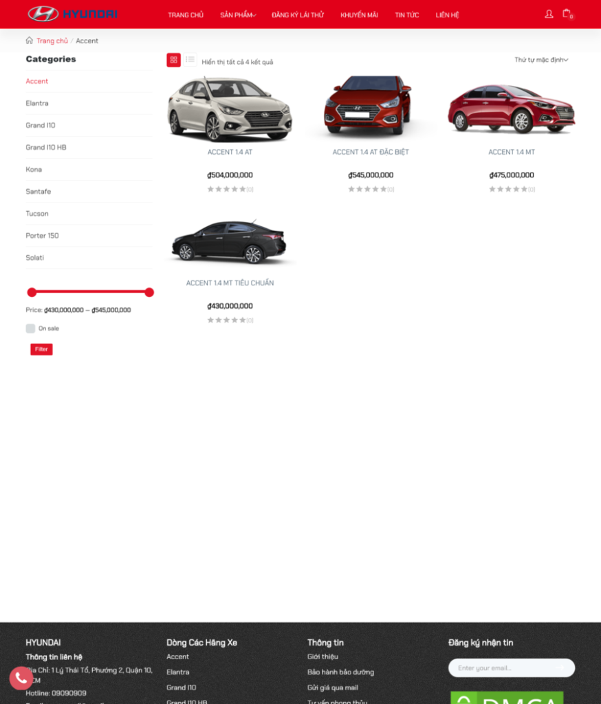 Danh mục sản phẩm của Web bán ô tô Hyundai