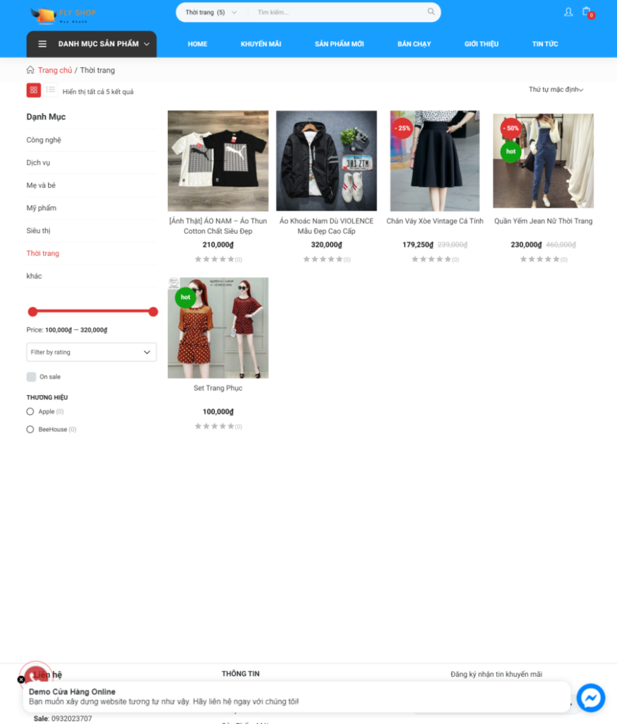 Danh mục thời trang của mẫu website cửa hàng online (BH1)