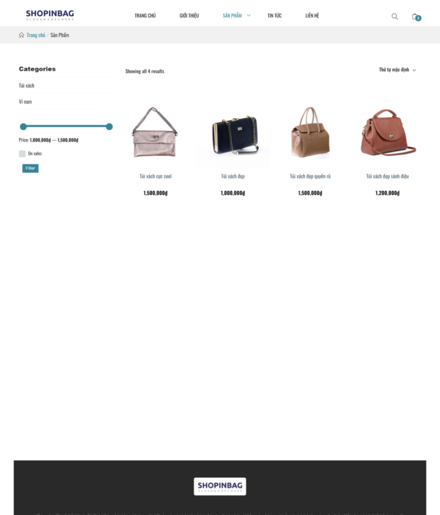Danh mục sản phẩm của mẫu website bán túi xách thời trang (BH9)