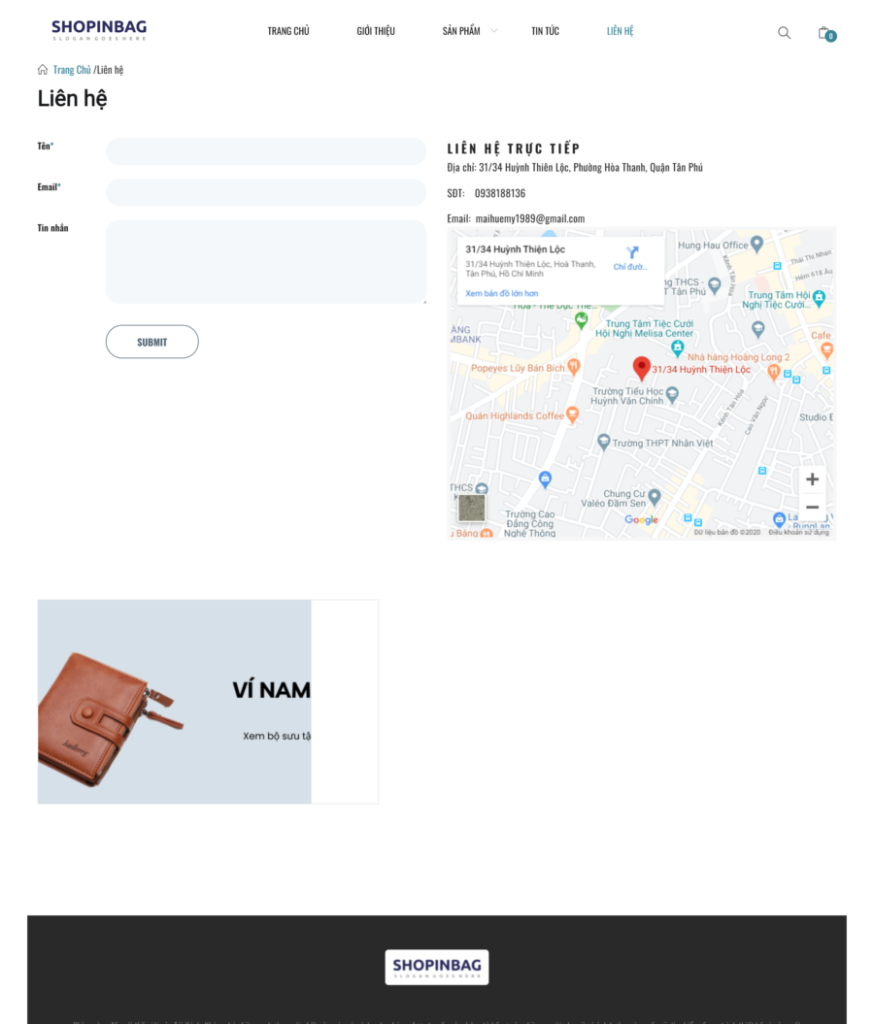 Trang liên hệ của mẫu website bán túi xách thời trang (BH9)