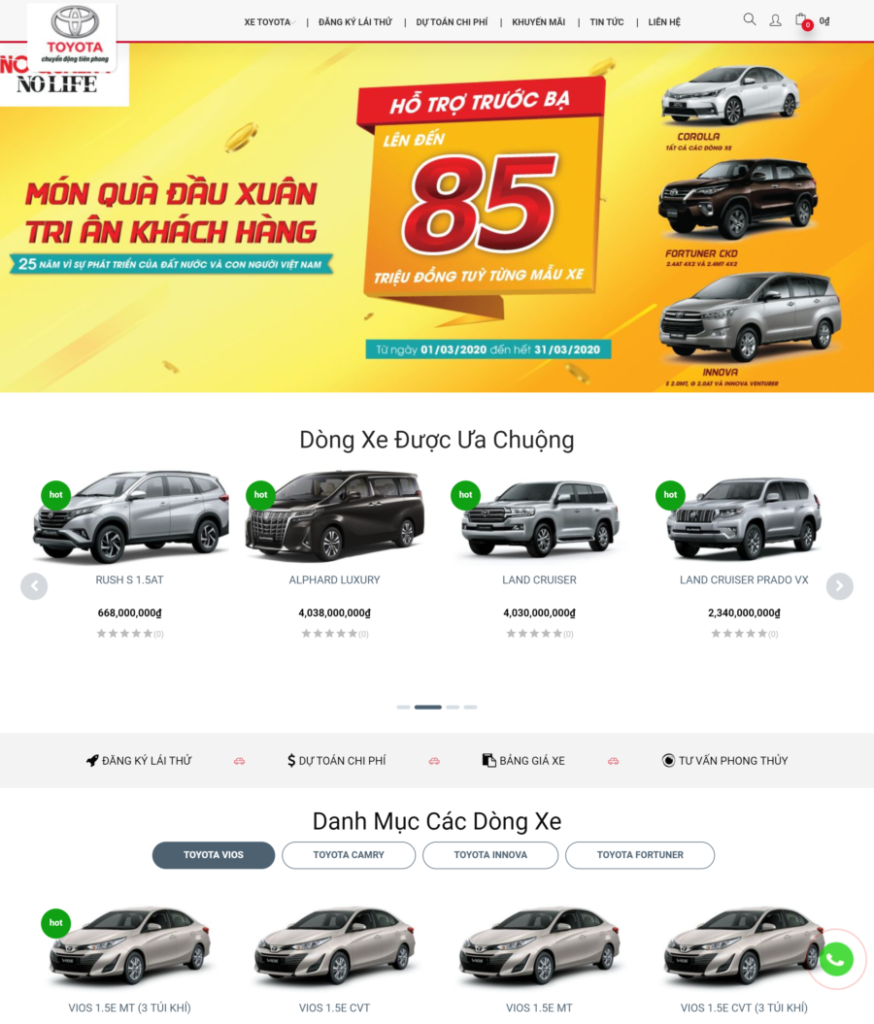 Trang chủ của mẫu website bán ô tô Toyota (BH5) đẹp, bắt mắt