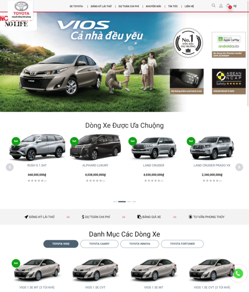 Trang chủ của mẫu website bán ô tô Toyota với màu sắc trang nhã