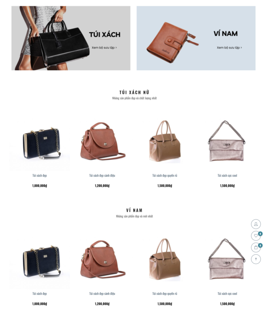 Các sản phẩm của mẫu website bán túi xách thời trang (BH9) được trình bày đẹp mắt