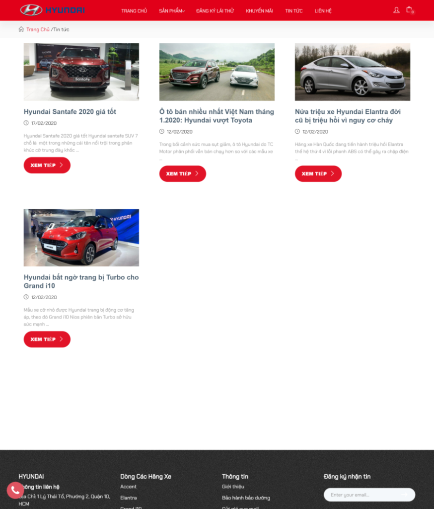 Trang Blog của mẫu website bán ô tô Hyundai