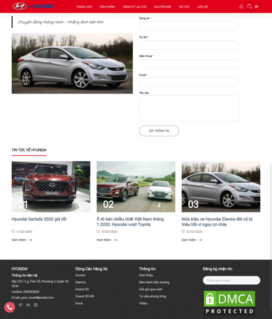 Trang liên hệ của mẫu Web bán ô tô Hyundai