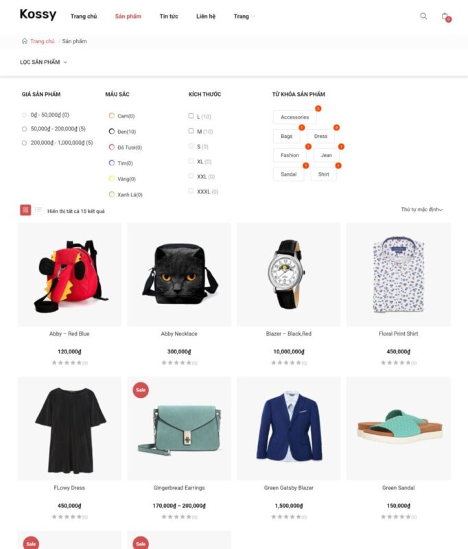 Trang sản phẩm của mẫu web giúp người mua dễ chọn lựa sản phẩm